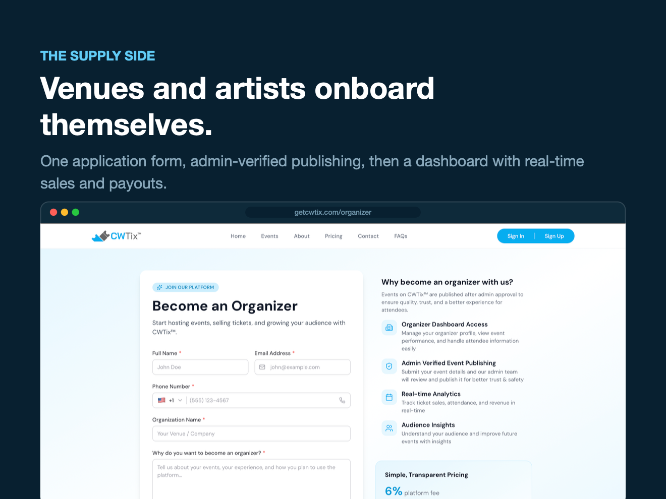 CWTix — organizer dashboard for listing events and tracking sales