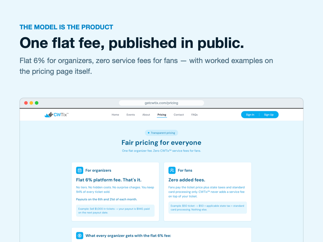 CWTix — transparent pricing with no fan fees and a flat 6% platform fee