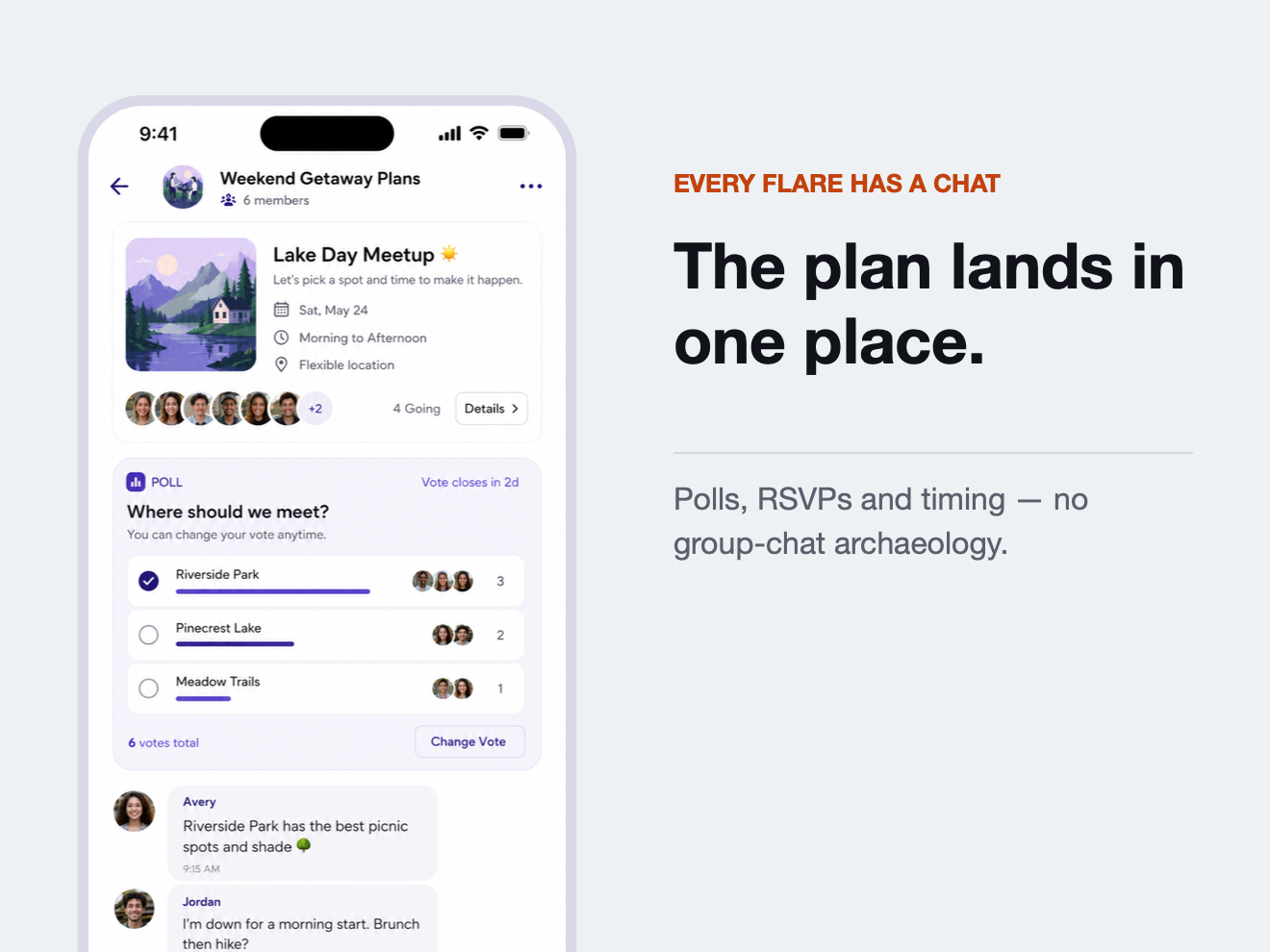 FlareChat — group chat for a planned meetup, with RSVPs