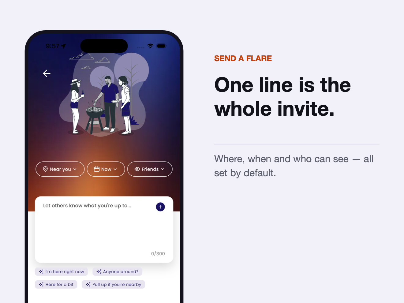 FlareChat — sending a flare: one line sets the what, where, when and who can see
