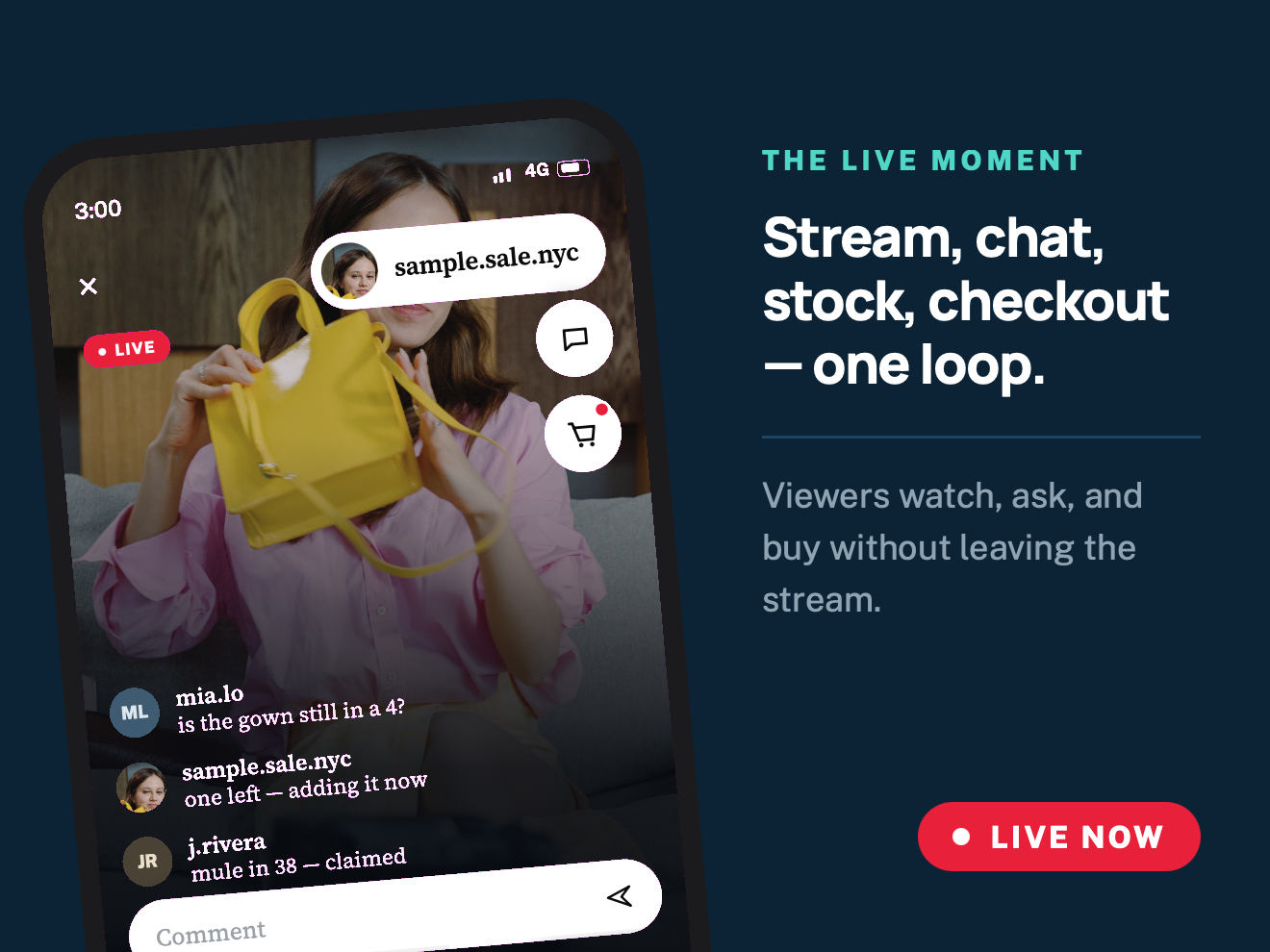 Live stream screen with chat and shoppable drop cards