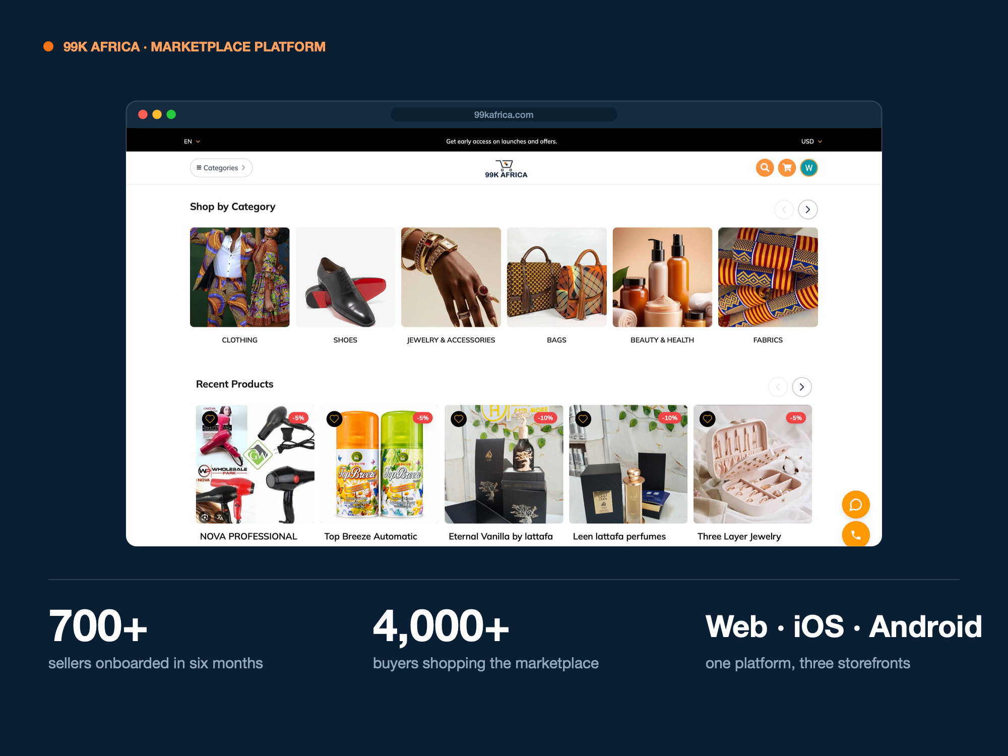 99K Africa marketplace app on iOS, Android and web — browsing and buying