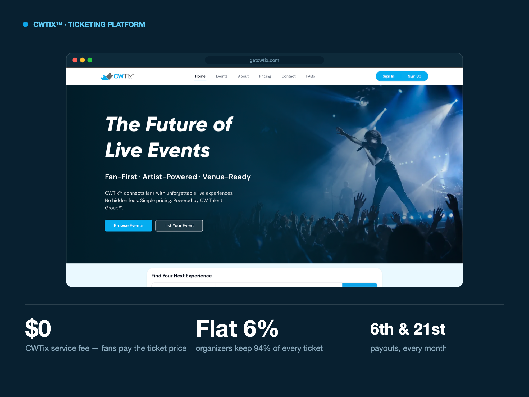 CWTix ticketing platform — event discovery, checkout and organizer tools
