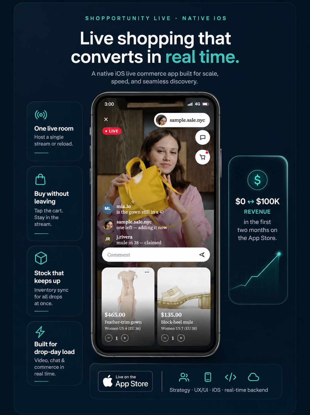 Shopportunity Live iOS app — a seller streaming live with shoppable product cards